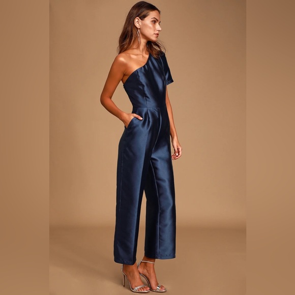 Lulus Divine Dream Navy Blue Satin One-Shoulder Culotte Jumpsuit - Picture 3 of 9